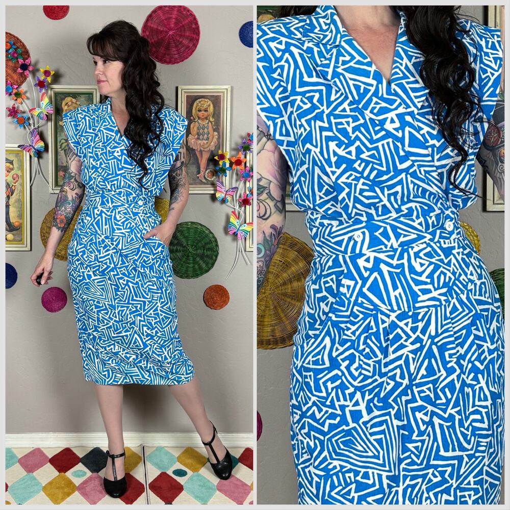 Vintage 1980s Blue and White Abstract Geometric Print Sleeveless Cotton Dress